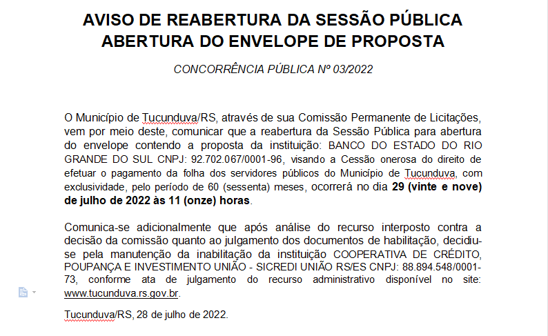 CONCORRÊNCIA PÚBLICA Nº 03_2022  - AVISO DE REABERTURA DA SESSÃO PÚBLICA - ABERTURA DO ENVELOPE DE PROPOSTA DE PREÇOS.